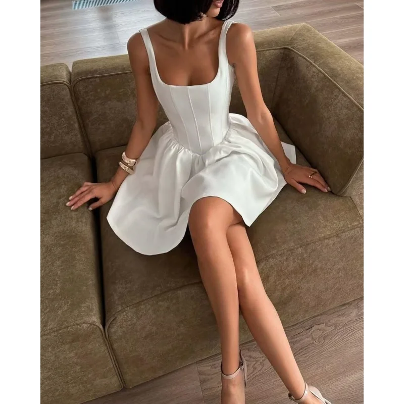 

Satin Homecoming Dresses for Teens Pockets Spaghetti Straps Square Neck A-line Short Prom Dresses