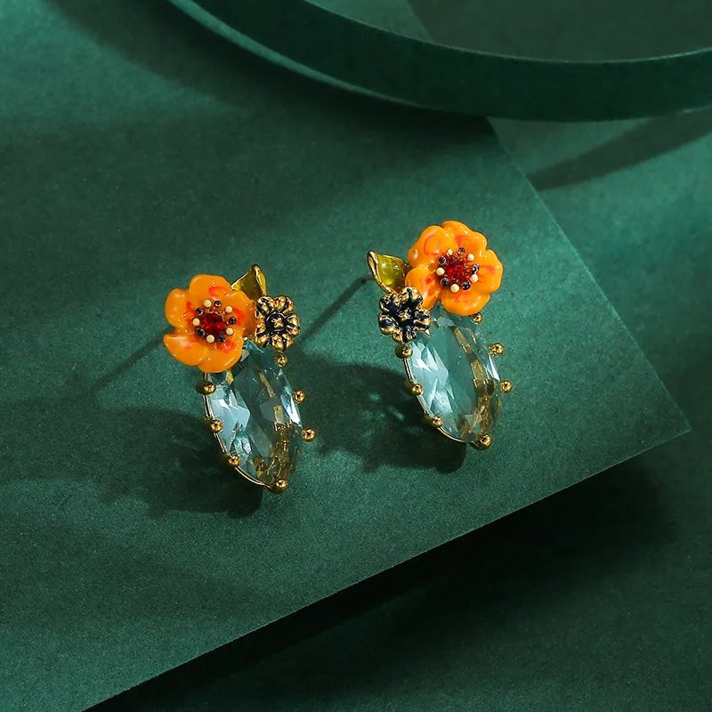 Creative Sweet and Fashionable Temperament Enamel Colored Glaze Orange Flower Sapphire Earrings Women's Gift Gold-plated Jewelry