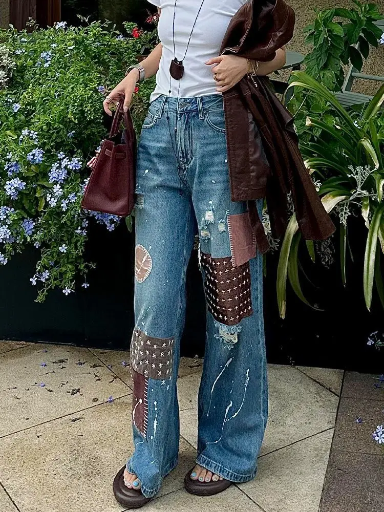 

American Retro Design Patch Patch Jeans Women Spring Summer New Hot Girl Washing Splash Paint Ripped Floor Trousers