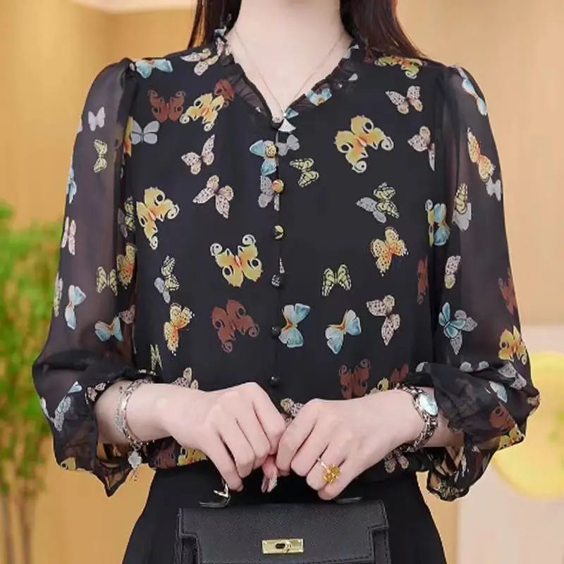 

Spring Autumn Fashion Printing Women's Clothing V-neck Long Sleeve Blouse Edible Tree Fungus Floral Button Loose Simplicity Top