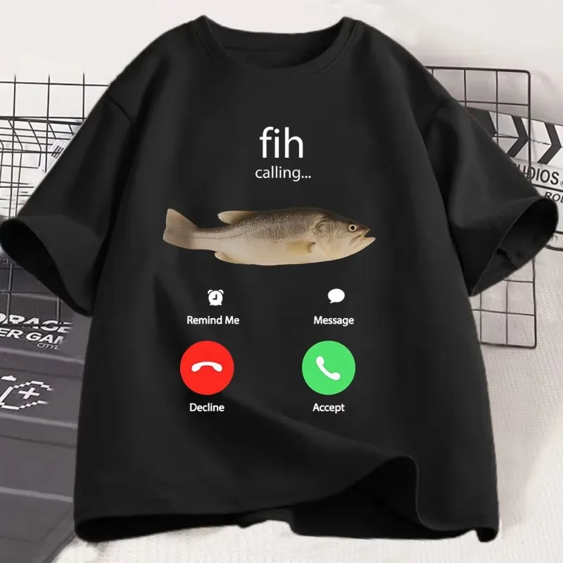 Funny Fih Calling Remind Me Message Decline Accept Phone Call Fish T-shirts Fishman Outfit T-shirt Men Women Cotton Casual Tees