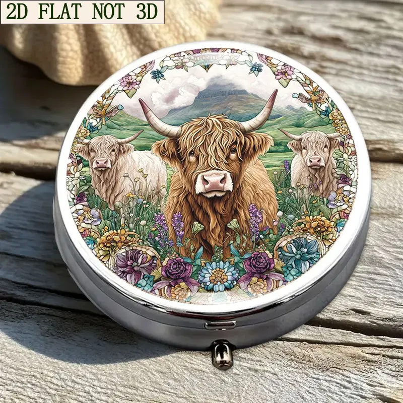 Single piece, flat, round three-compartment box, designed with Highland cow and floral circular patterns, portable travel case, soft and non-glare, can be used as a unique and practical gift for girls, made of metal