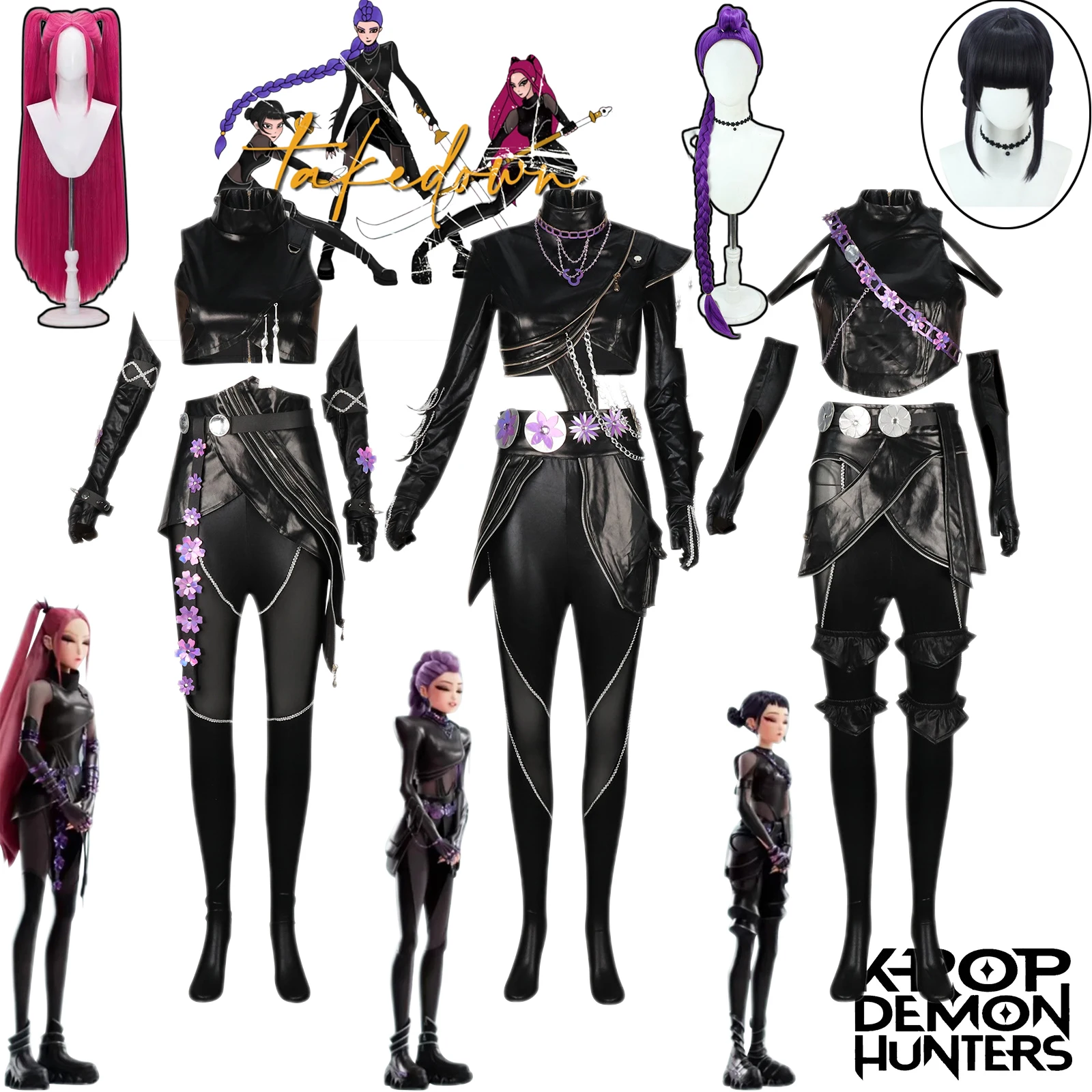 

Rumi Zoey Mira Косплей KPop Охотники на демонов Косплей Костюм Парик Женский Черный Костюм Кожаный Хэллоуин Вечеринка Ролевые Игры Cos Наряд