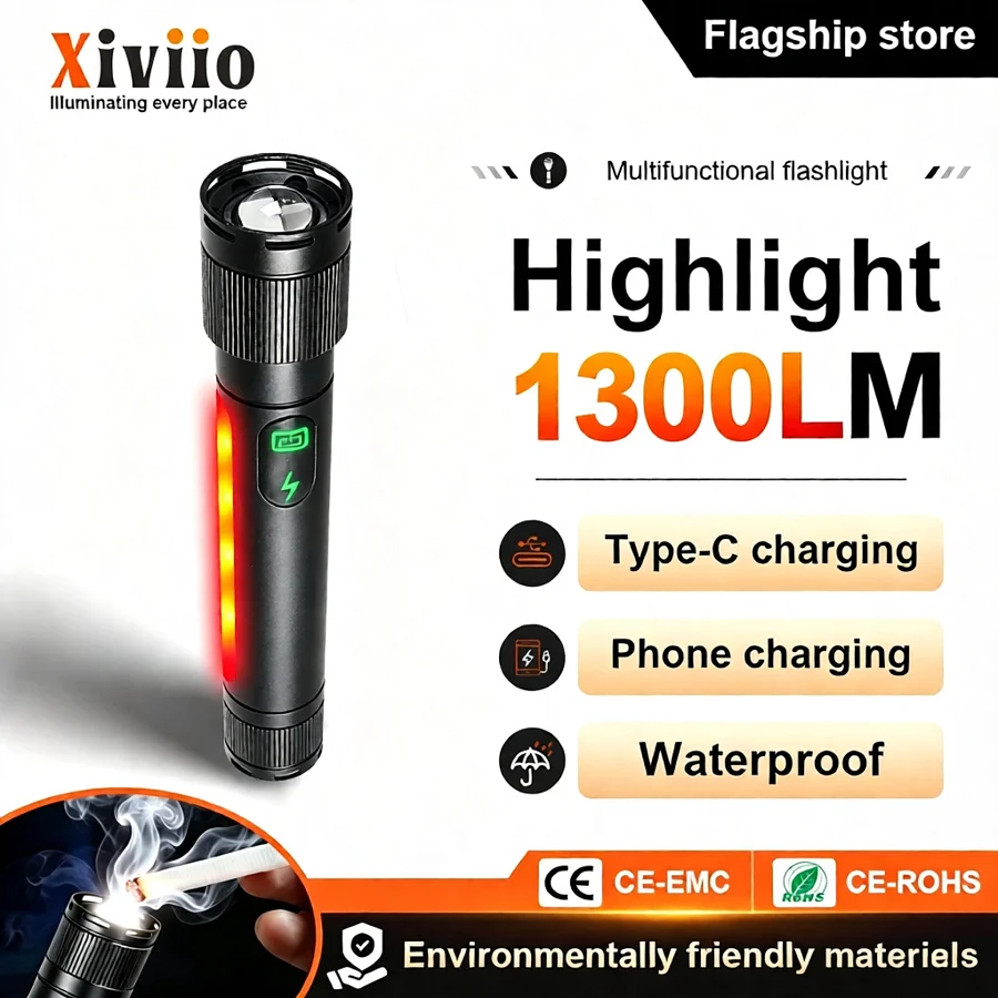 1300LM Super Bright Flashlight ,Outdoor Long Range Rechargeable LED Torch,Side lights with red warning, Ignitable Tail Lights