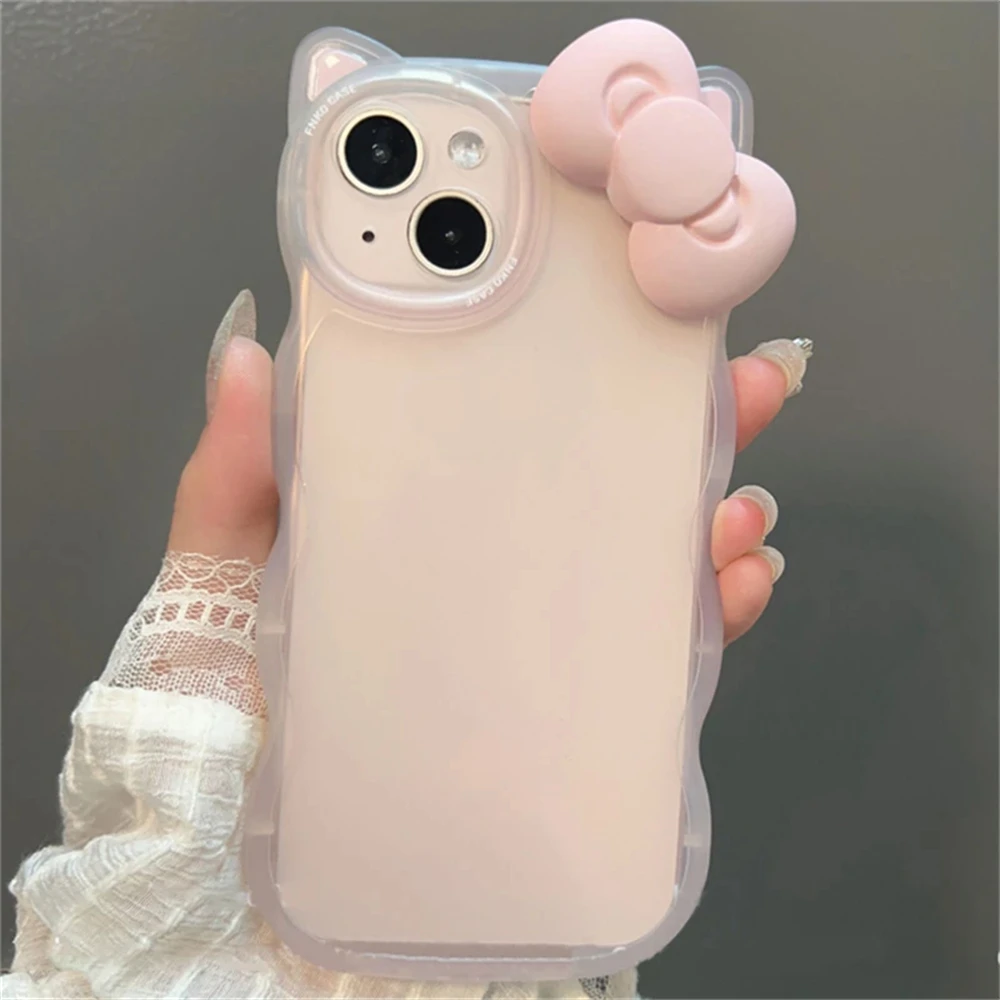 Korean Cute Pink Bow 3D Cat Ear Wavy Clear Case For iPhone 17 16 15 14 13 Pro Max Lovely Aesthetics 
