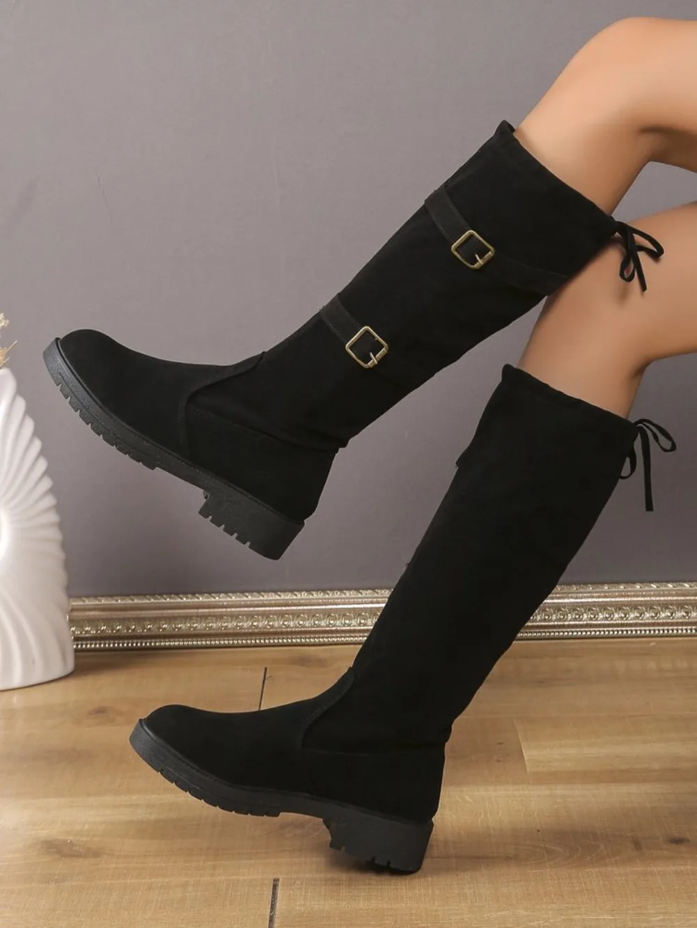 Modische Schnallen-Dekorations-Kniehohe Stiefel für Damen 2025 Herbst Einfarbige Slip-on-Stiefel mit Schleifendesign Modische Stiefel – Detail 7