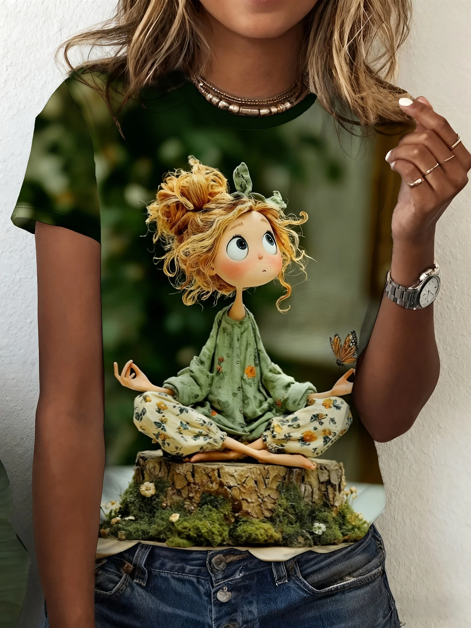 Women Crew Neck Short Sleeve T‑Shirt, Cartoon Girl Meditation Yoga Butterfly Forest Art Graphic Tee