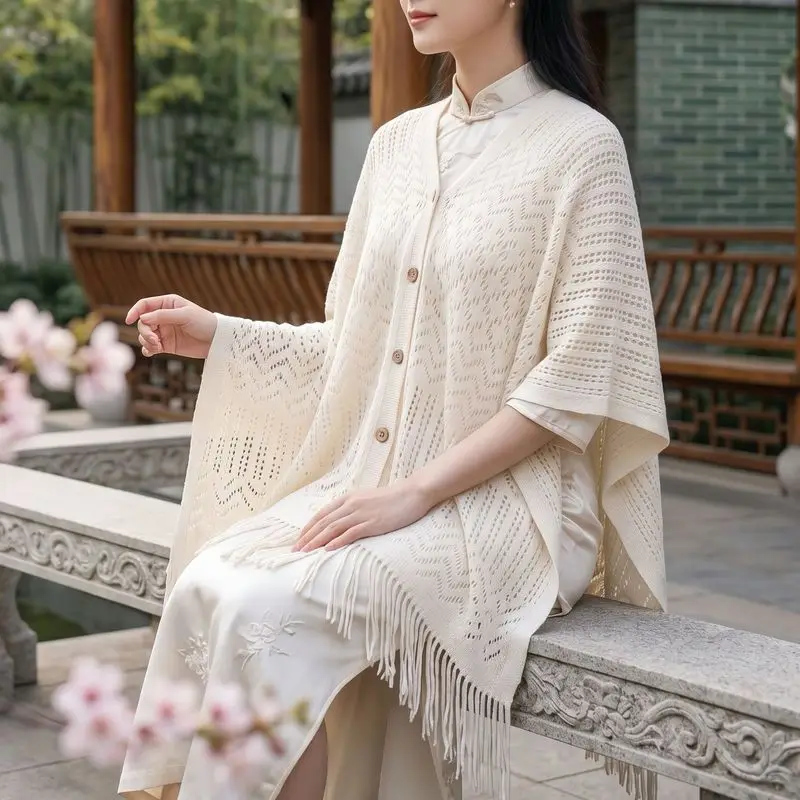 White cheongsam- , a lightweight summer shawl in a new Chinese style, a women's outerwear piece with tassels