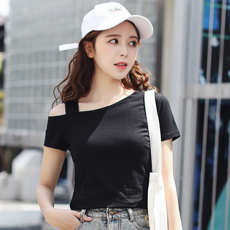 Donna estate moda coreana sottile tinta unita con spalle scoperte manica corta t-shirt abbigliamento donna Casual tutto-fiammifero appare top sottili