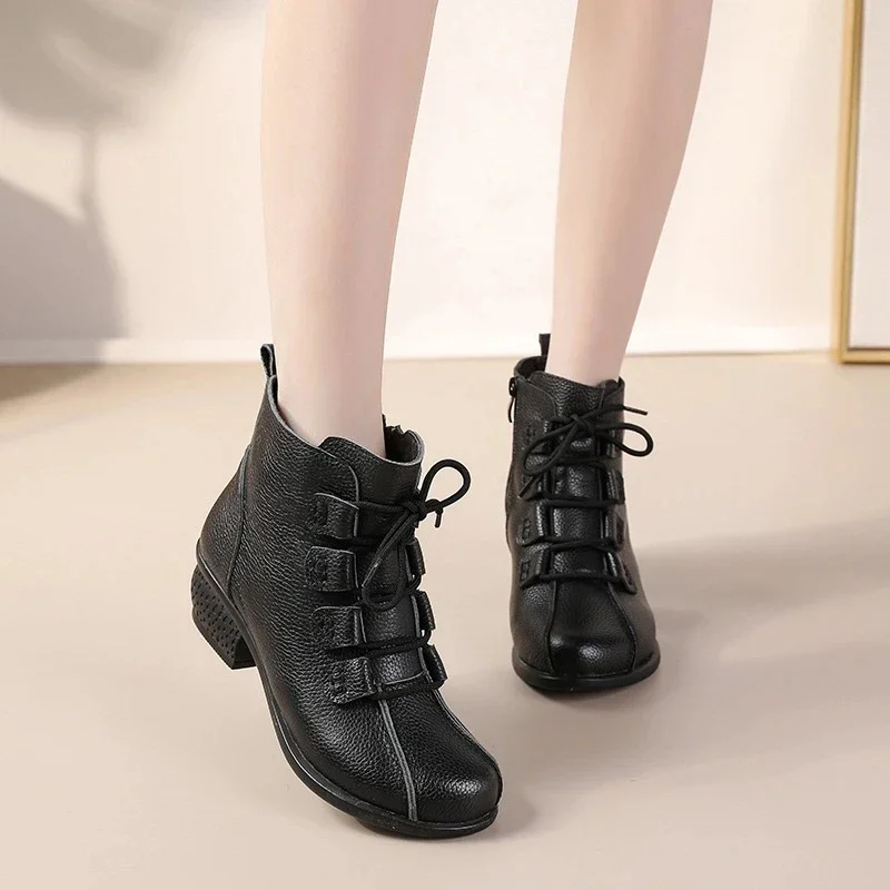 High Quality Lace Up Heeled Shoes Women\'s Boots Comfortable Ladies Genuine Leather Shoes Ankle Boots Big Size 42 Woman Booties