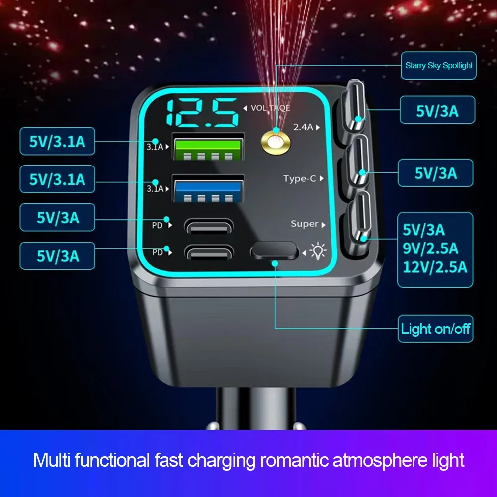 NEUES 7-in-1 120W Autoladegerät PD Typ C Schnellladegerät mit digitalem Voltmeter und 3 einziehbaren Kabeln für IOS- und Android-Handys – Detail 2