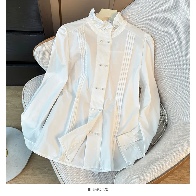 Stand Neck Fungus Edge Pleated Women Clothing Blusas Mujer Double Breasted High-End Shirts Vintage French 2025 Spring Blouses