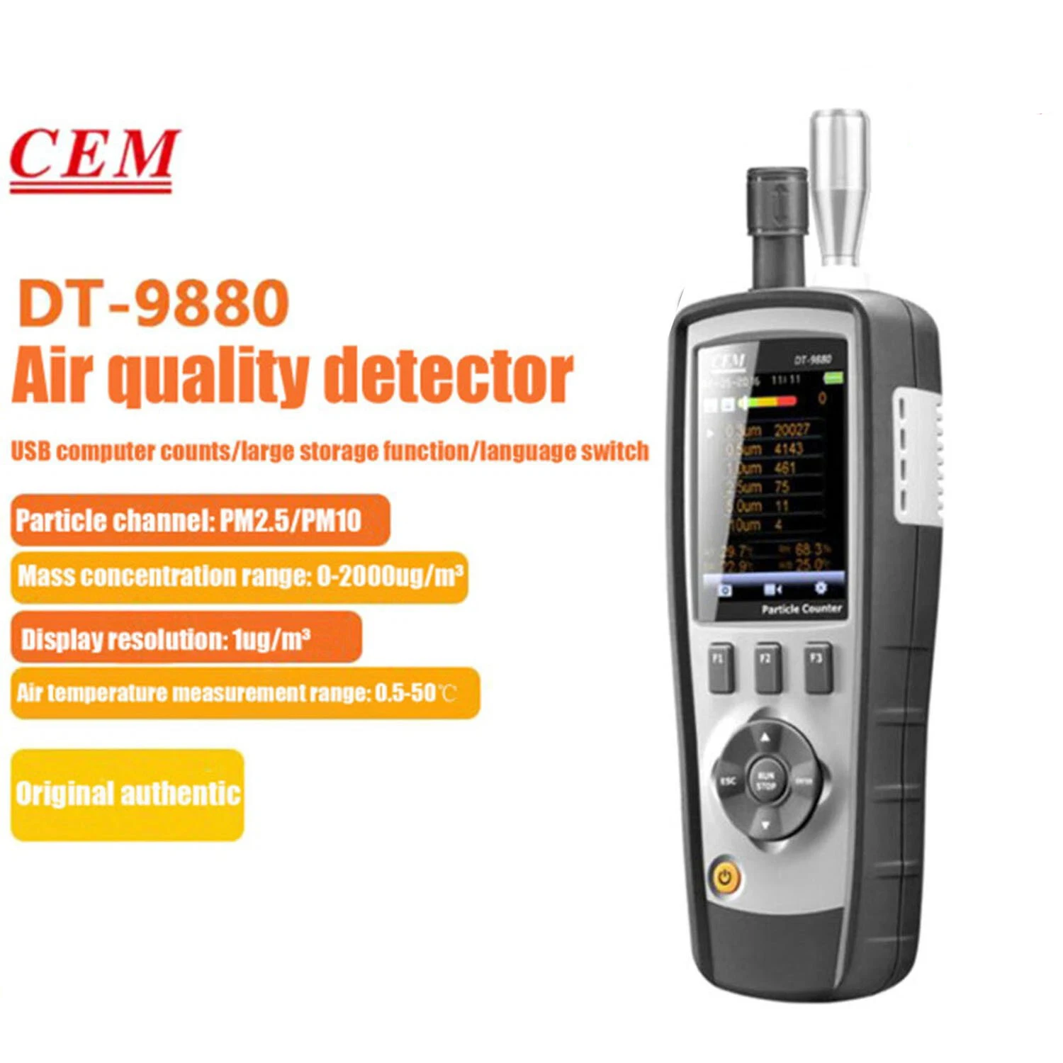 CEM DT-9880 3 in 1 Particle Counter 0.3,0.5,1.0,2.5,5.0,10um Air Temperature Measure 2.8 inch TFT Color