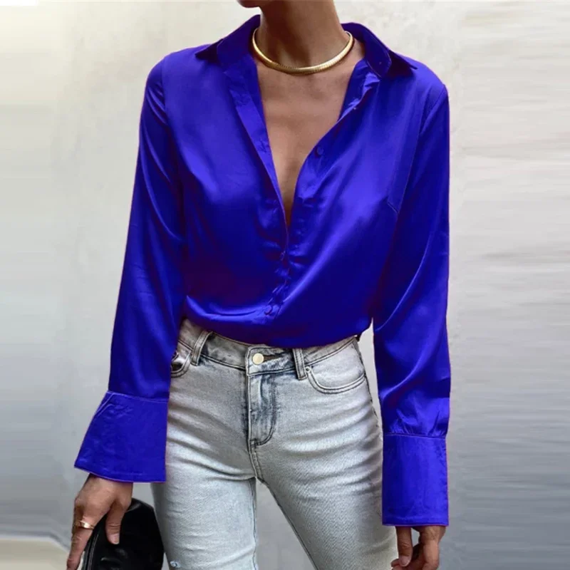 Langarm Bluse Tops Frauen Shirt Grüne Taste Up Revers Lose Satin Camisas Elegante Frühling Sommer Büro Damen Shirts Top