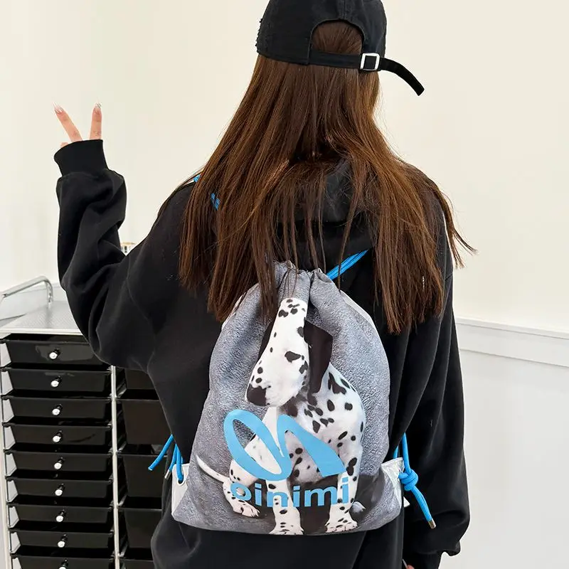 Fashion Dalmatian Drawstring Backpack Korean Y2k Dog School Bag Animal Print Casual Students Book Bags Gothic String Backpacks