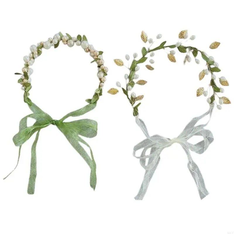 M6CC Pearl/ Leaf Headband Adjust Size Camping Photography Hair Hoop Temperament Wedding Party Headpiece for Kids