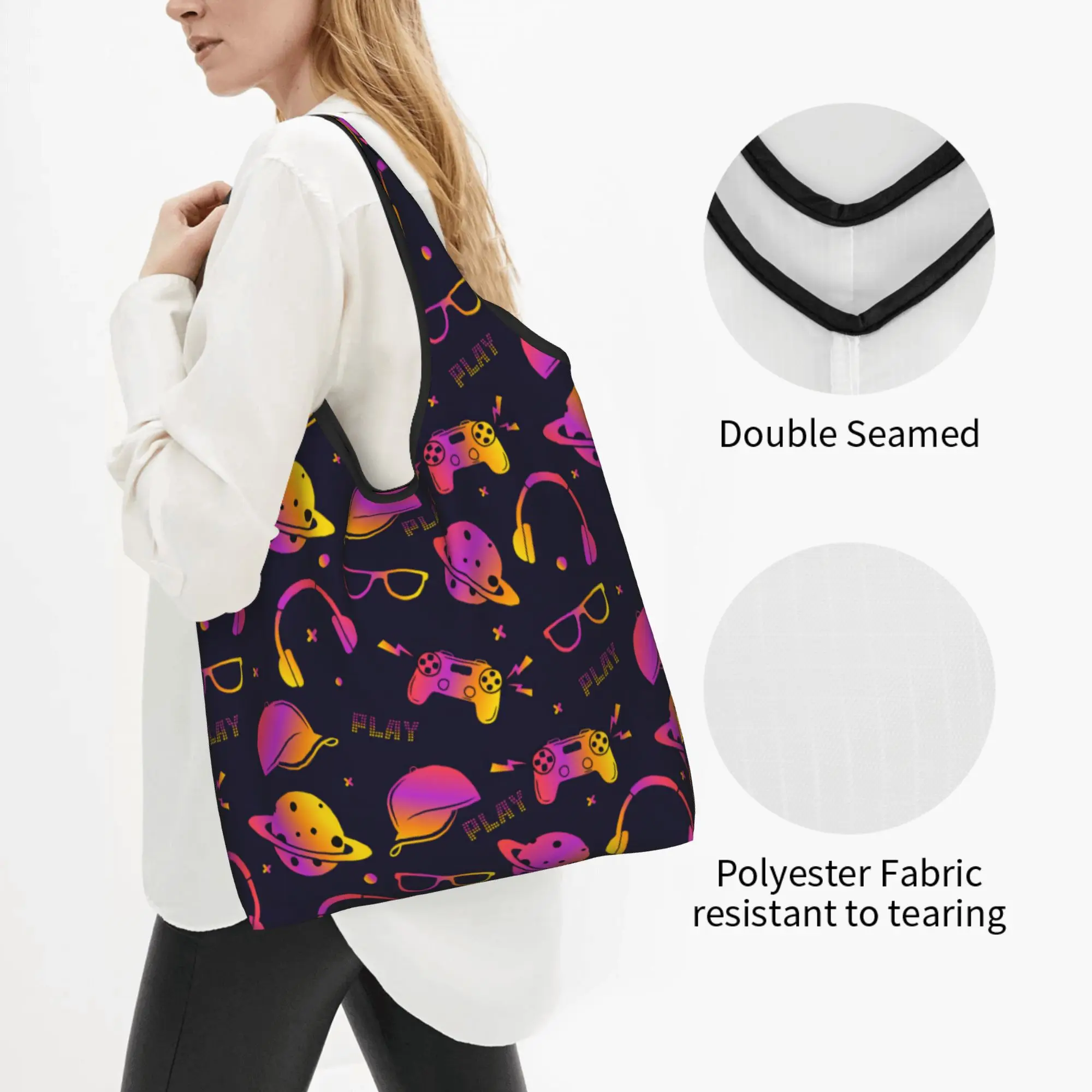 Custom Neon Game Controllers Game Joystick Shopping Bag Women Portable Big Capacity Grocery  Shopper Tote Bags