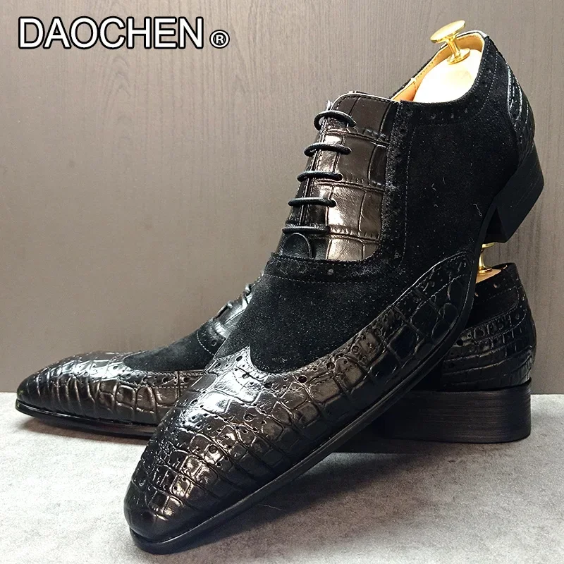 ELEGANT MENS LEATHER DRESS SHOES BROWN BLACK LACE UP CROCODILE PRINT MAN SUEDE SHOES WEDDING OFFICE OXFORD SHOES FOR MEN