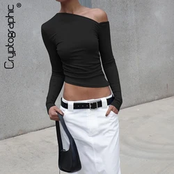 Cryptographic Fashion Elegant Slim Asymmetrical Tops for Women Streetwear Long Sleeve Ruched Sexy Cropped Top Y2K Outfits Club