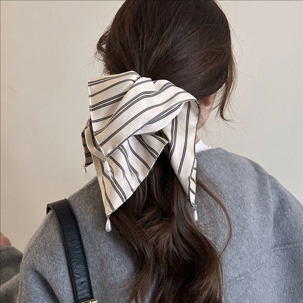 

New Style Simple Fabric Striped Pearl Square Hair Band Head Tie High-end Hair Accessories For Women Girls
