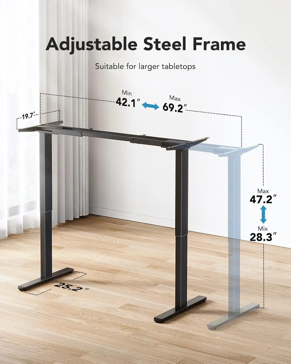 Hufil o-Cadre de bureau debout électrique à moteur touristique, pieds de bureau en forme de T optiques, acier de qualité automobile, 90 po x max, 265 lb