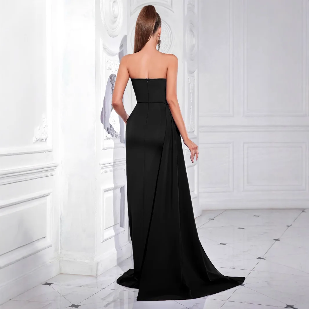 Ele cor pura drapeado diamante noite dr material de seda de cintura alta para par celebração gola primavera 2025