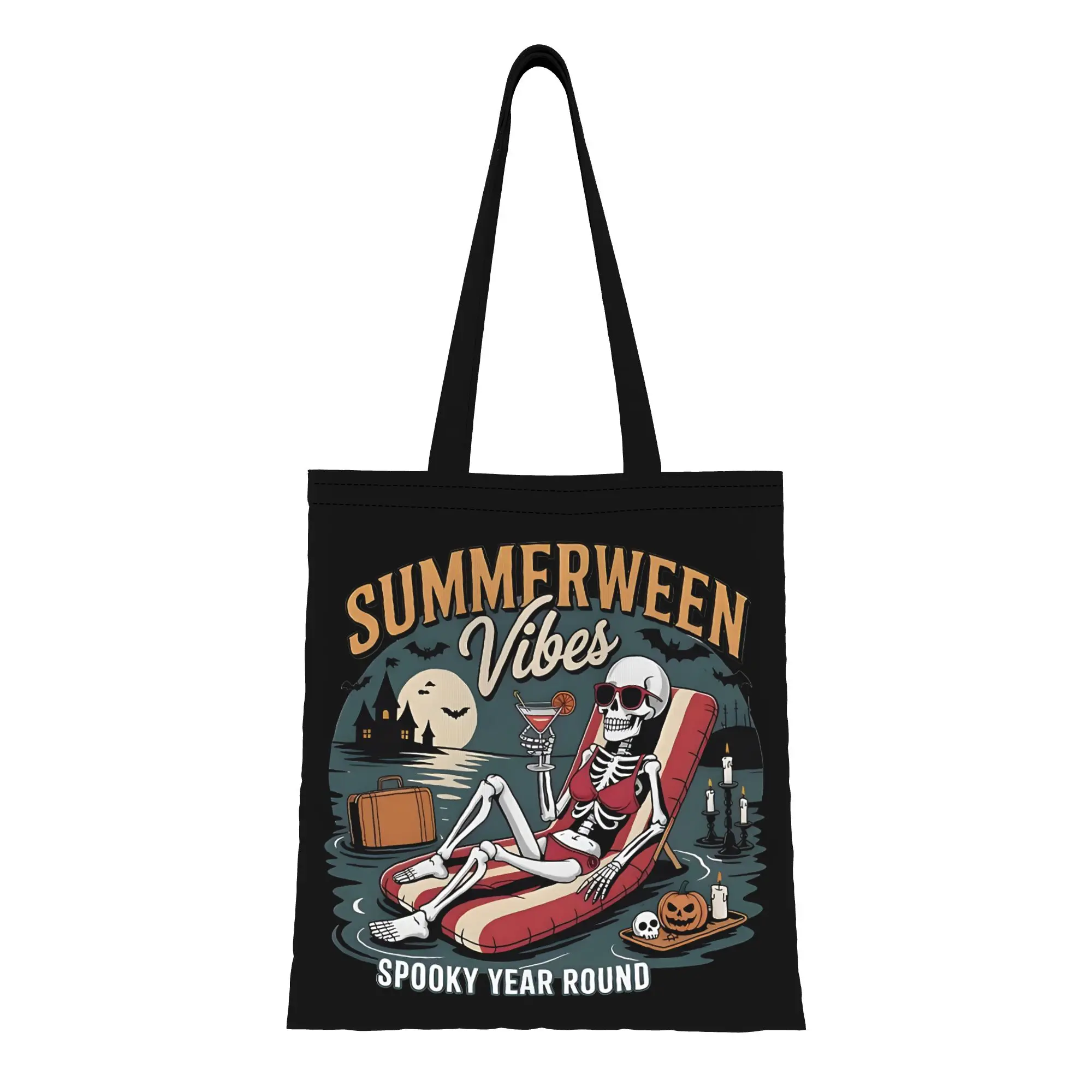 Summerween Vibes Spooky Bikini Skeleton canvas tote bag,  urban style for daily shopping and casual outings