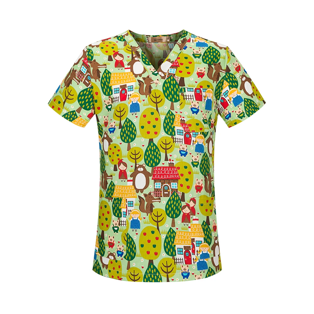 Tops de algodón con estampado de dibujos animados para médicos, uniforme Unisex para adultos, mangas cortas, Tops de enfermería