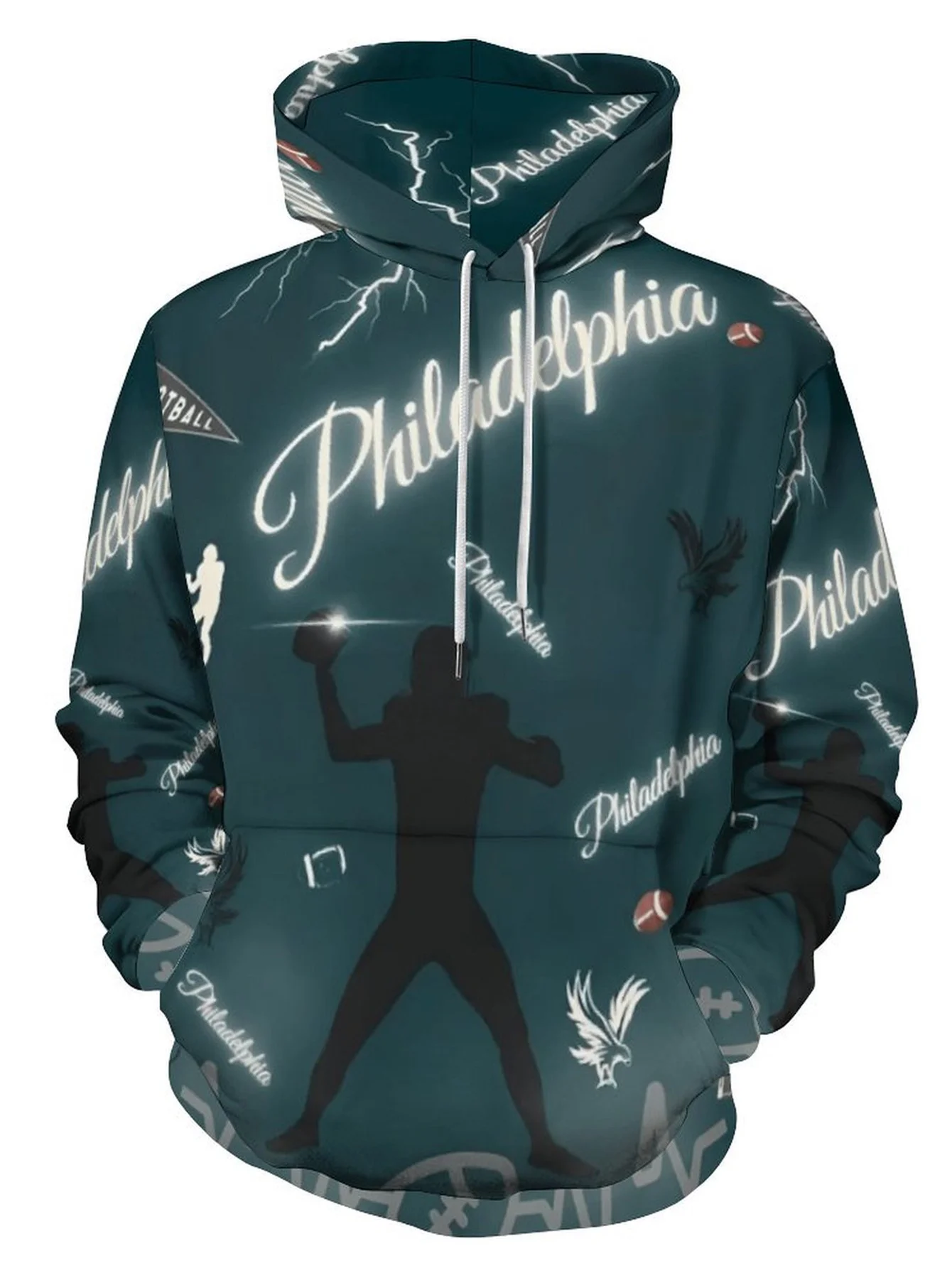 Men Philadelphia Football Eagle Silhouette Letter 3D Print Hoodie Sports Theme Long Sleeve Casual Oversized Hooded Pullover