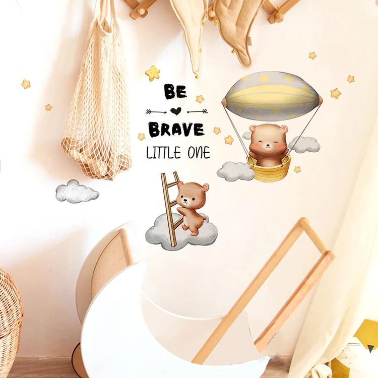 Cartoon-Bär-Heißluftballon-Wandaufkleber für Jungen, Kinderzimmer-Dekoration, Wandbild, Hintergrund-Dekoration für Zuhause, selbstklebende niedliche Tapete – Detail 4