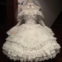 Original Sweet Lolita Short Dress Women's Slim Fit Lace Removable Long Sleeve White Dress Bridal Wedding Party Dress Vestidos