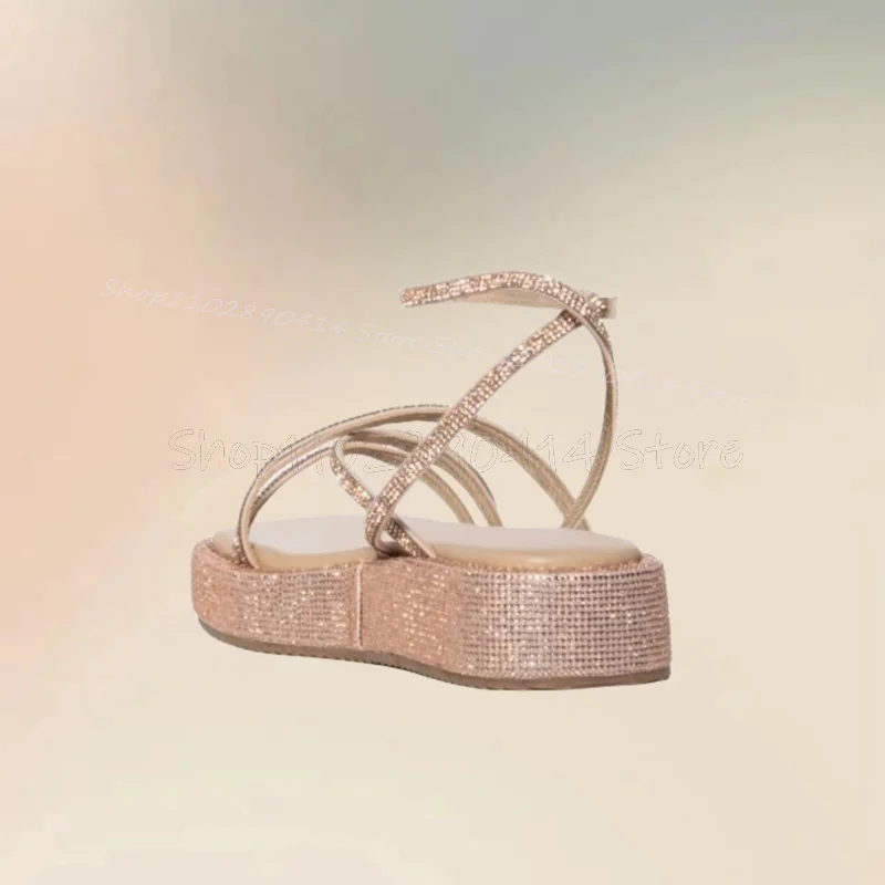 Beige Rhinestone Decor Strappy Platform Sandals Ankle Buckle Strap Women Shoes High Top Fashion Party 2025 Zapatos Para Mujere