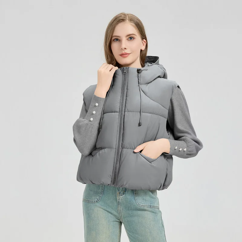 

Women Hooded Parkas Vest Coats Solid Oversize Jacket Sleeveless Drawstring Hem Zipper Thick Loose Fit Casual 2025 Autumn Winter