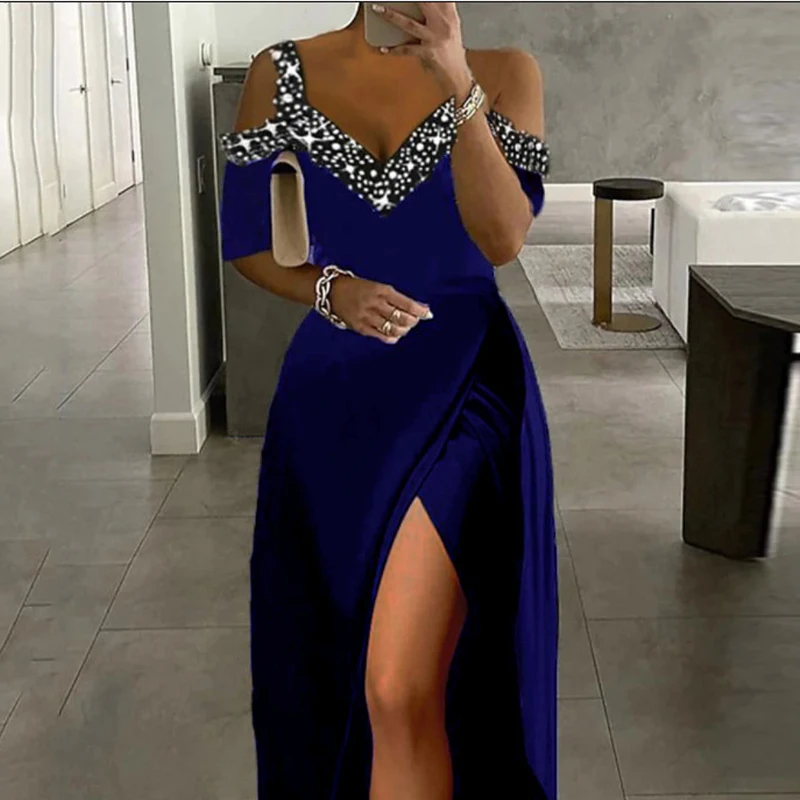 

Summer Sexy Evening Dress Women Elegant Y2k Casual Vintage Deep V Neck Off Shoulder High Waist Split End Bodycon Drape Chic Robe