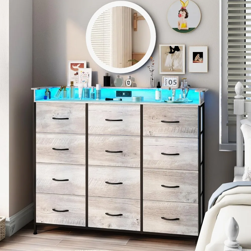 Bedroom dresser with 12 drawers Clothes dresser with charging station and LED lights Fabric storage tower Gray