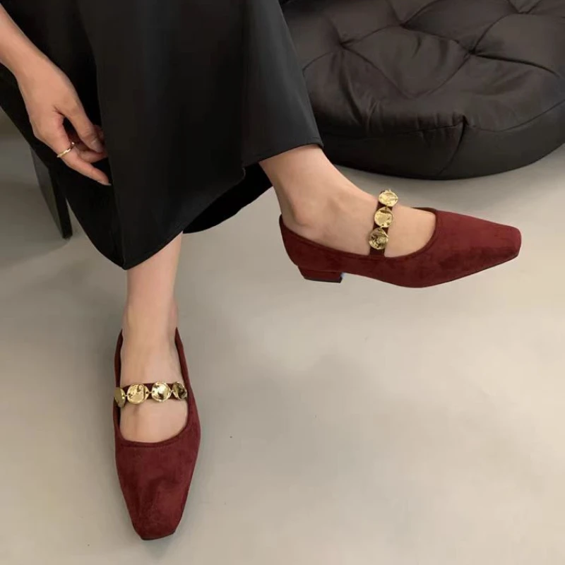 Retro Women Shoes Metal Heels Shallow Mouth Branded Pumps 2024 Mary Jane Sandals Ladies Metalic Fashion Latest Low Velvet Spring