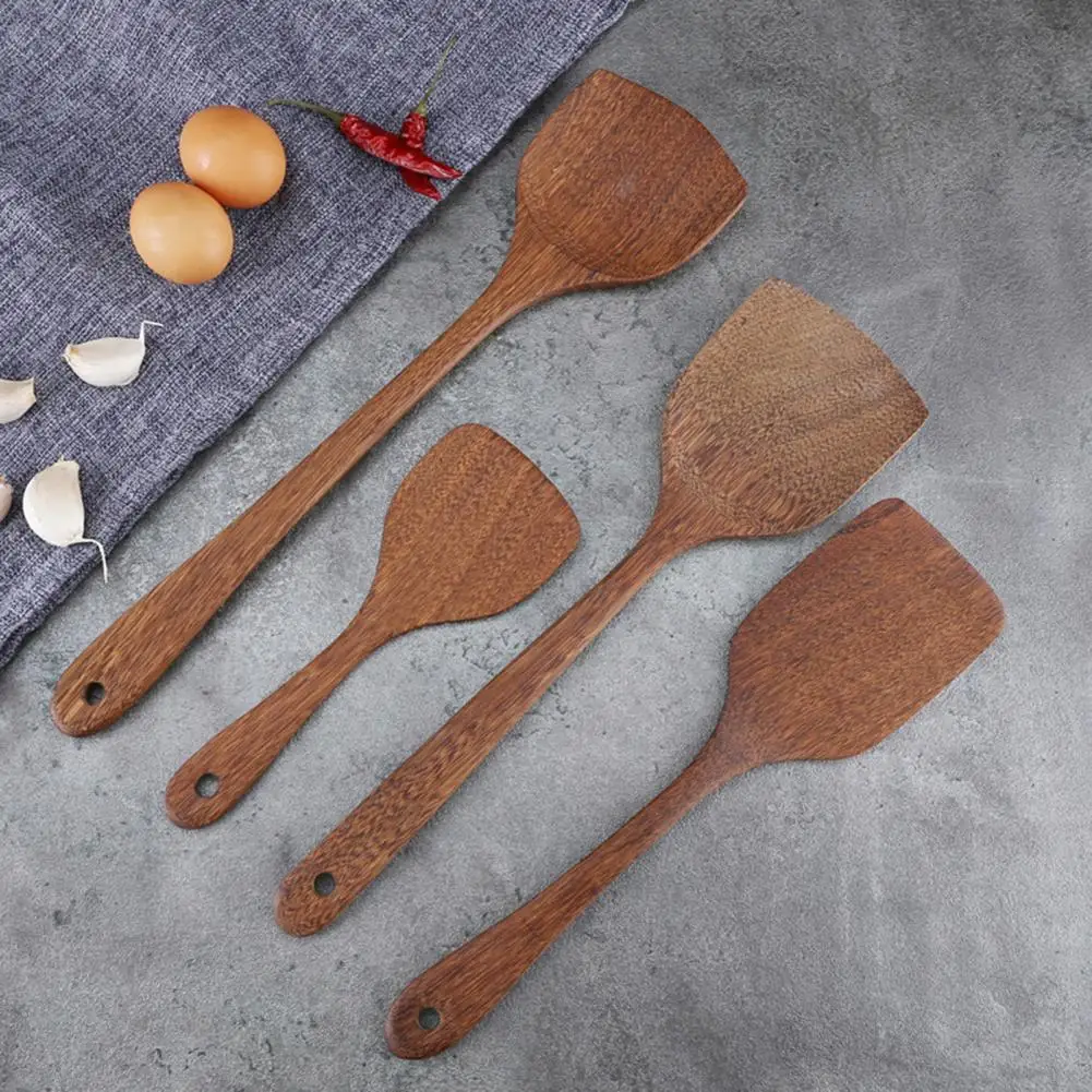Wood Rice Spoon Wooden Rice Spoon with Long Handle Handmade Flat Frying Turner Spatula Non-stick Cooking Utensil Set for Kitchen