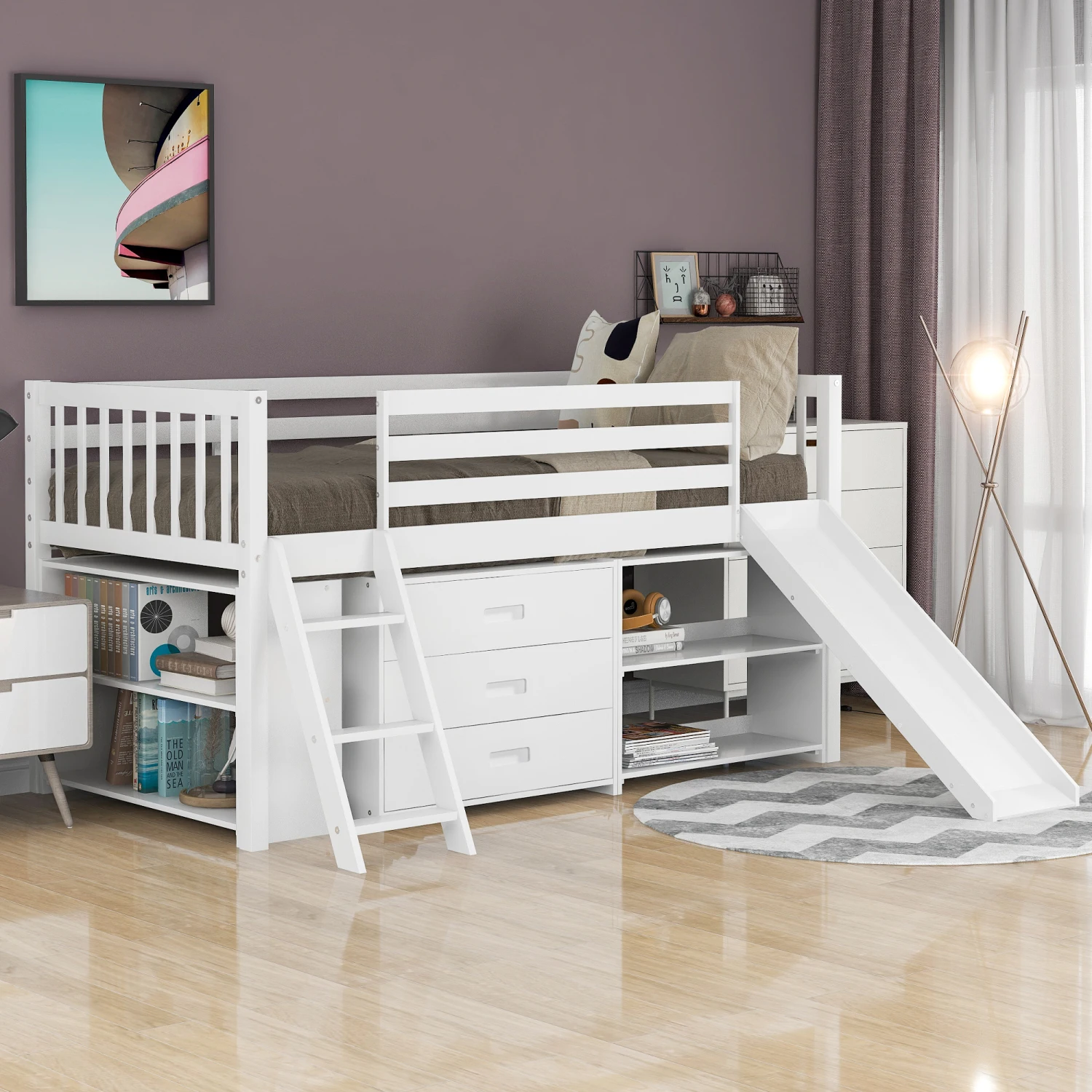 

Low Loft Bed with Attached Bookcases and Separate 3-tier Drawers,Convertible Ladder and Slide,Twin,White