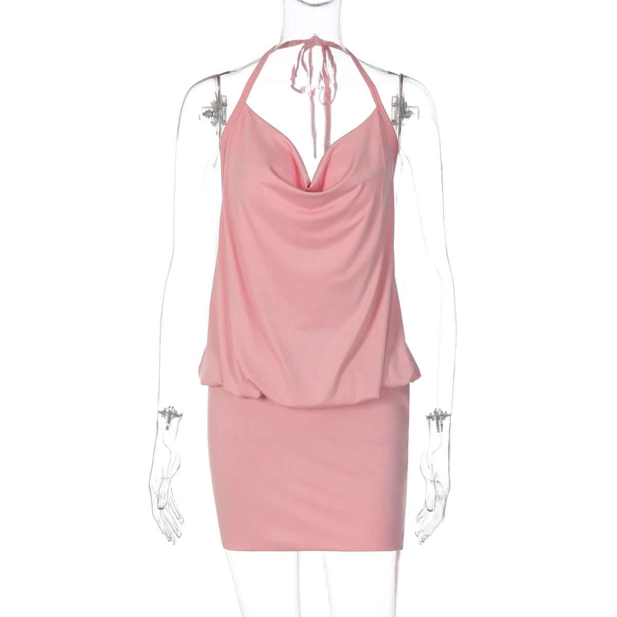 Hugcitar Neckholder-Swing-Kleid mit festem Rückenausschnitt, Schnürung, gerafftem Design, sexy, schmal geschnittenes Mini-Kleid, Sommermode für Damen, Party- und Urlaubskleidung – Detail 2