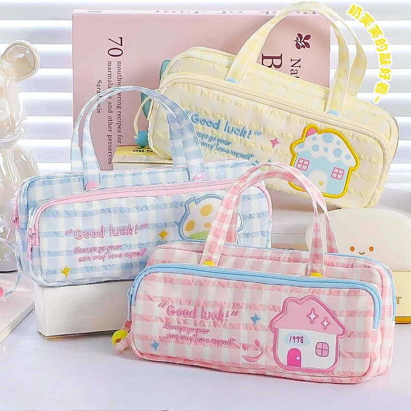 

Japanese Style Kawaii Pen Case Large Capacity Makeup Pouch with Lucky Charm Embroidery Cute Aesthetic Stationery Organizer