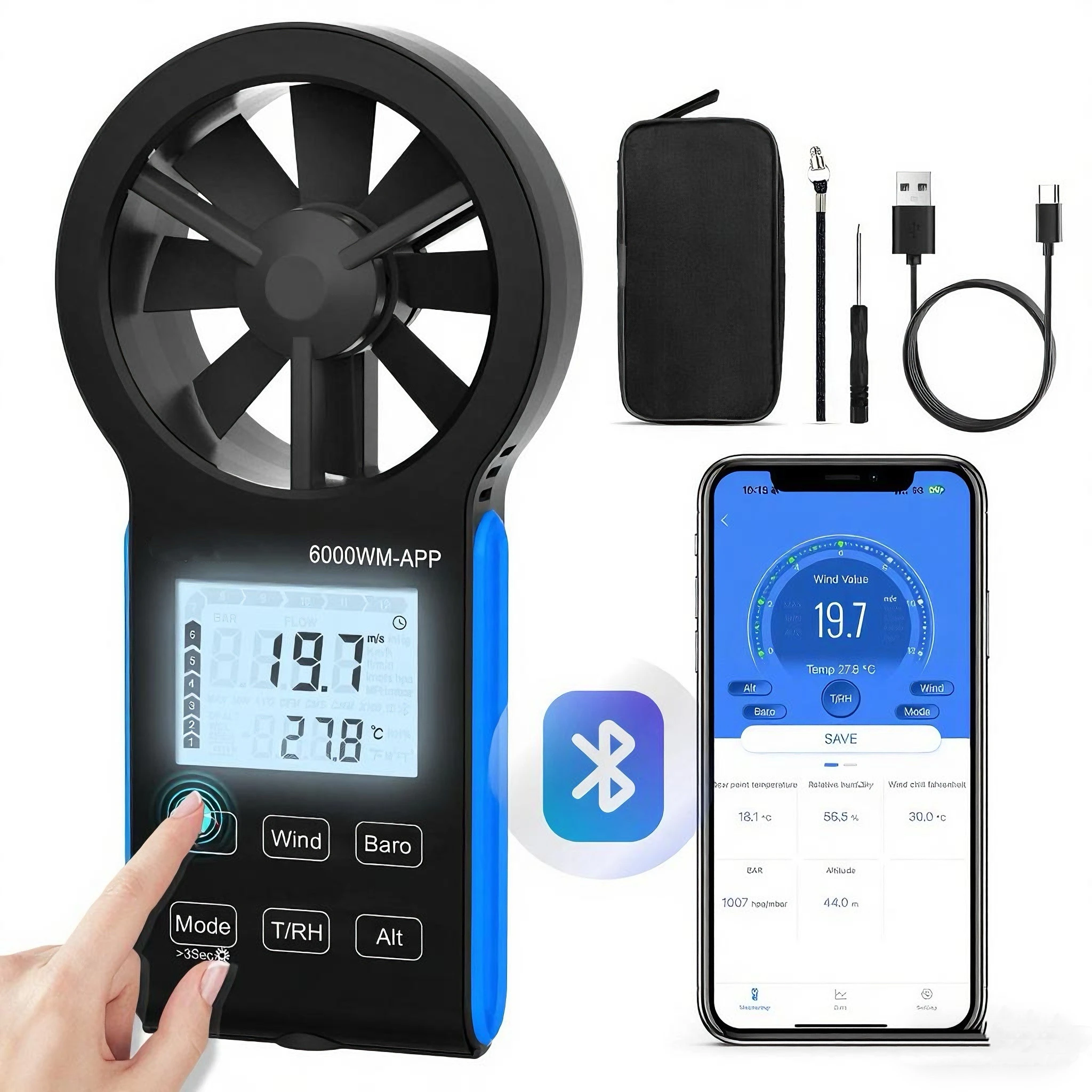 

Bluetooth Anemometer - Handheld Wind Speed Meter with Atmospheric Pressure, Temperature, RH, Dew Point, and Wind Chill Measure