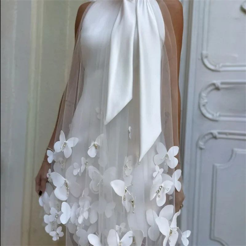 Branco arco 3d borboleta vestidos de casamento curto sem mangas malha tecido vestidos de noche forma personalizado formal noite 2025