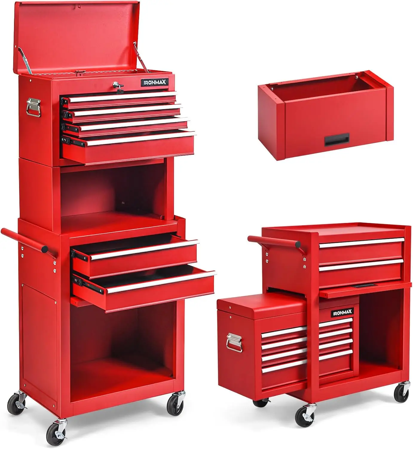 

Rolling Tool Chest Removable Top Box Large Bottom Cabinet with Casters and Lock System Tool-Box Heighten 6-Drawer Red