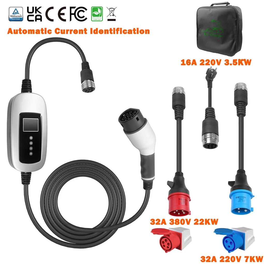 

Protable 22KW 5M 32A Car Electric Charger Automatic Current Identify With Industrial Plugs Sockets 3PIN & 5PIN Household Adapter