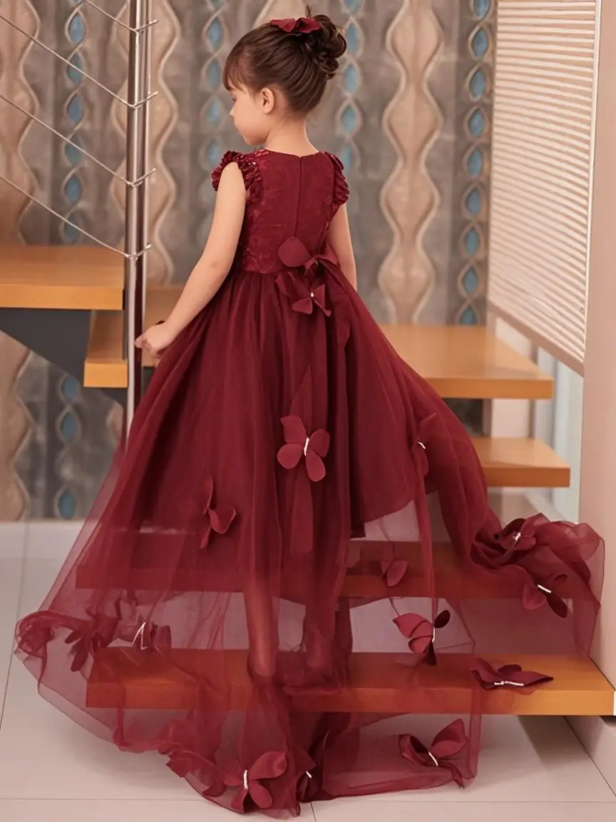 

Индивидуальные пышные платья цвета винного вина для девочек на свадьбу с аппликациями бабочек и жемчугом, для первого причастия и дня рождения