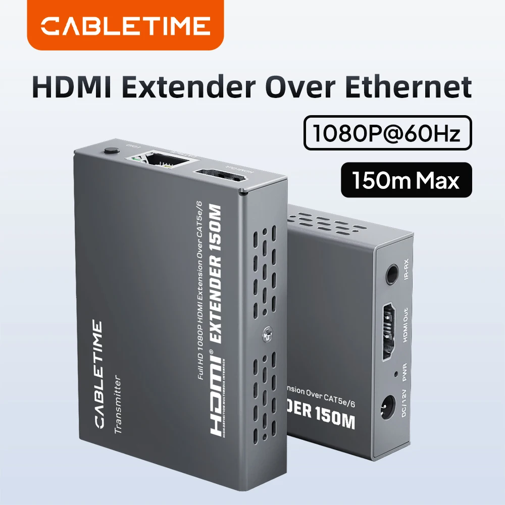 cabletime-extenseur-hdmi-1080p@60hz-avec-telecommande-ir-boitier-metallique-sortie-en-boucle-hdmi-max-150-m-pour-ps5-moniteur-cable-base-sur-ethernet