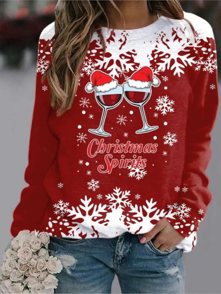 Women's Autumn Collection Solid Color Round Neck Shoulder Knitted Christmas Wine Glass Snowflake Fashion Printed Long Sleeve Top