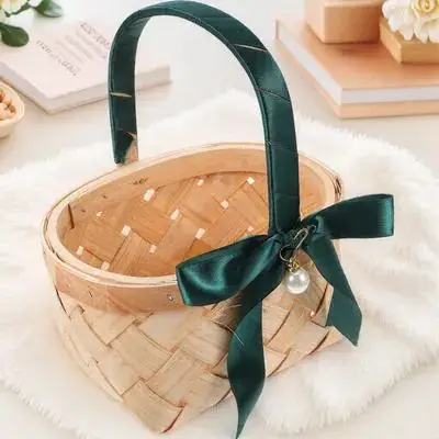 

s Green Ribbon 19x15x10cm Wicker Handheld Storage Gift Packing Picnic Flower Fruit Baskets Baby Shower Wedding Party Decor