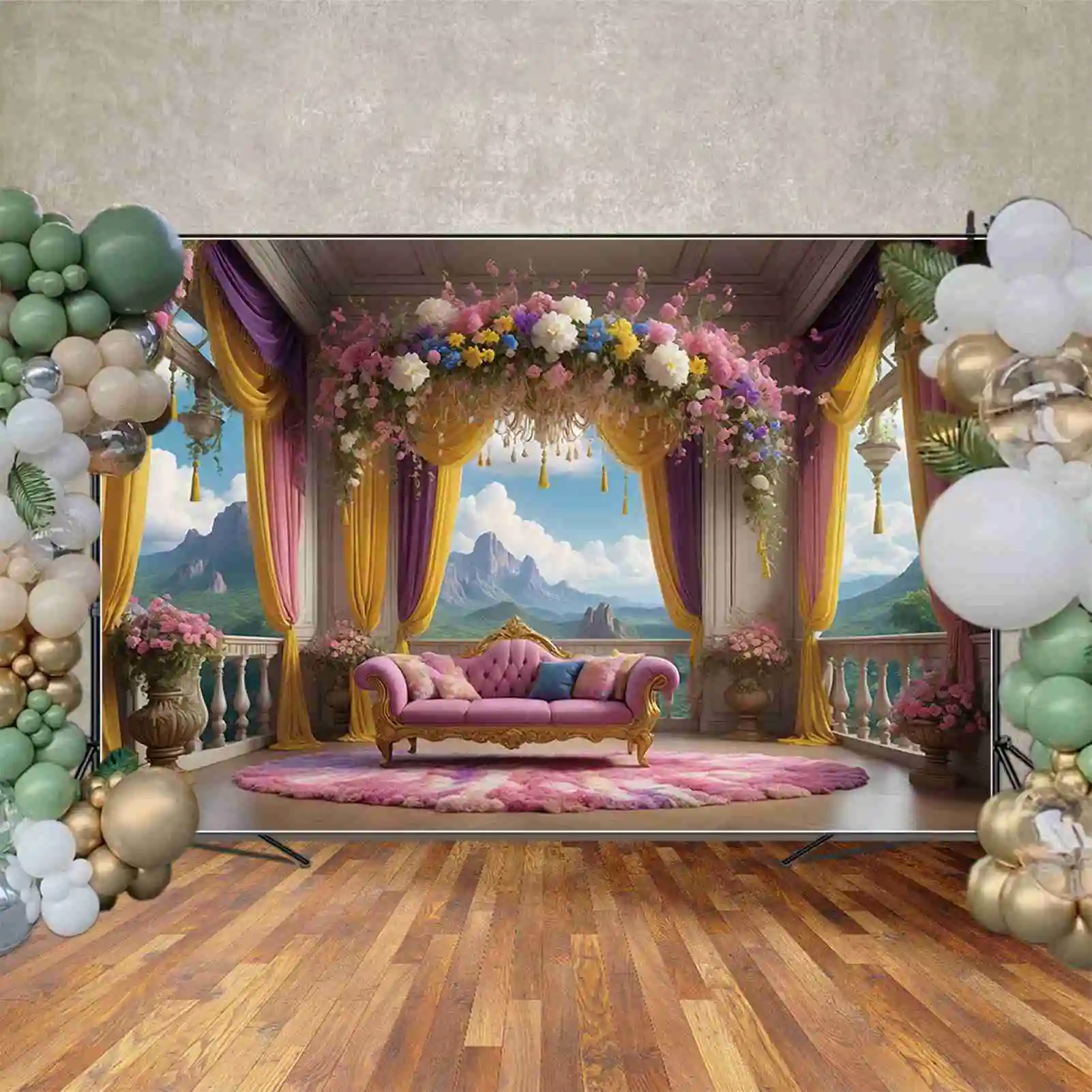 Moon.qg-花の花輪の背景、プリンセス誕生日の背景、女性のソファカーテン、カスタムパーティーの装飾、写真の小道具