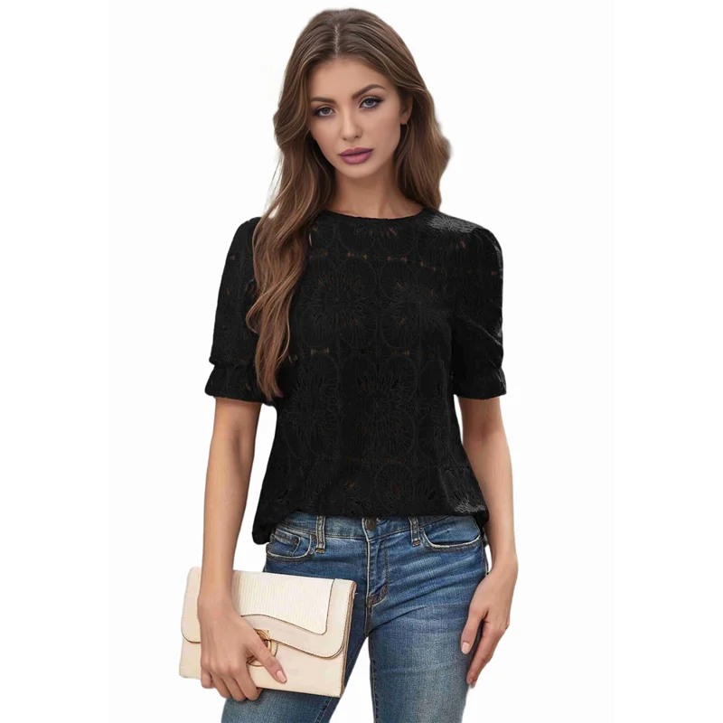 

【SEE】Women's Summer Eyelet Hollow Out Crochet Lace Embroidered Short Sleeve Puff Tops